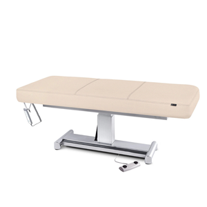 Earthlite Everest LX Flat Top Electric Lift Table with Marie's Beige replaceable mattress and sturdy metal base, designed for Med Spa and IV hydration practices.
