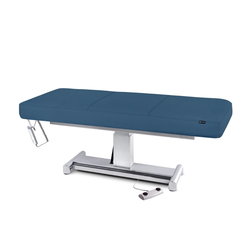 Earthlite Everest LX Flat Top Electric Lift Table with Mystic Blue replaceable mattress and sturdy metal base, designed for Med Spa and IV hydration practices.