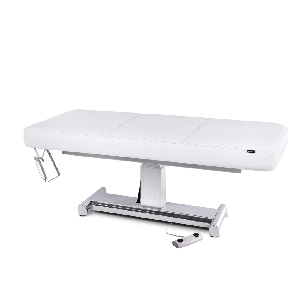 Earthlite Everest LX Flat Top Electric Lift Table with Pure White replaceable mattress and sturdy metal base, designed for Med Spa and IV hydration practices.