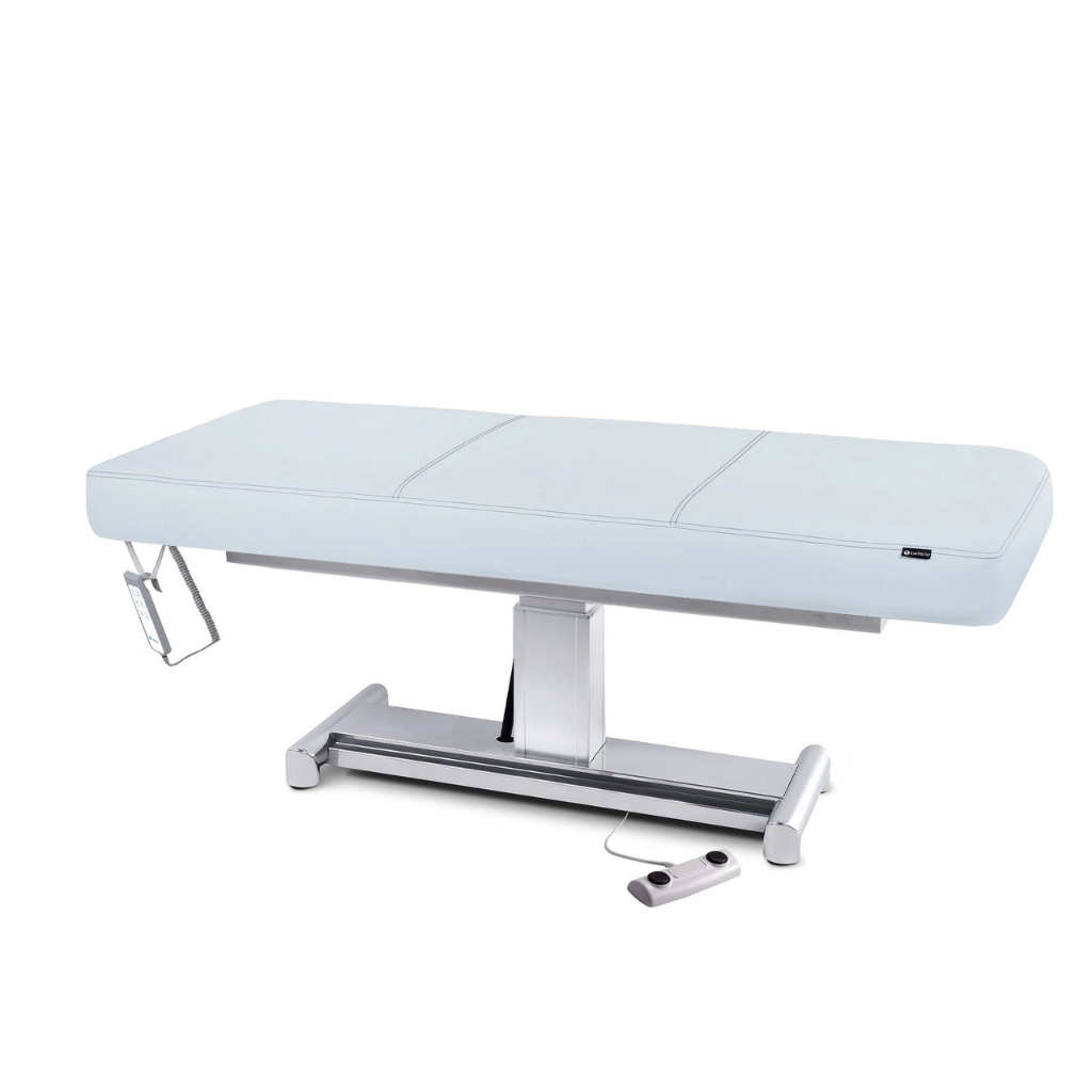 Earthlite Everest LX Flat Top Electric Lift Table with Sterling replaceable mattress and sturdy metal base, designed for Med Spa and IV hydration practices.