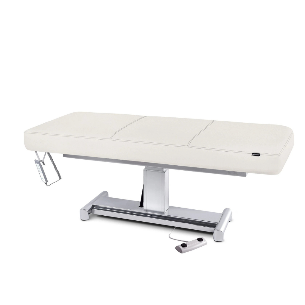 Earthlite Everest LX Flat Top Electric Lift Table with Vanilla Creme replaceable mattress and sturdy metal base, designed for Med Spa and IV hydration practices.