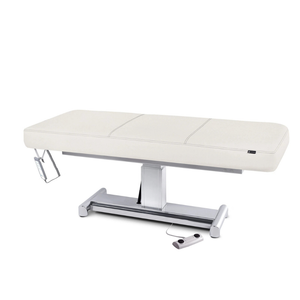 Earthlite Everest LX Flat Top Electric Lift Table with Vanilla Creme replaceable mattress and sturdy metal base, designed for Med Spa and IV hydration practices.