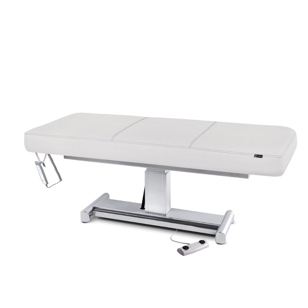 Earthlite Everest LX Flat Top Electric Lift Table with White replaceable mattress and sturdy metal base, designed for Med Spa and IV hydration practices.