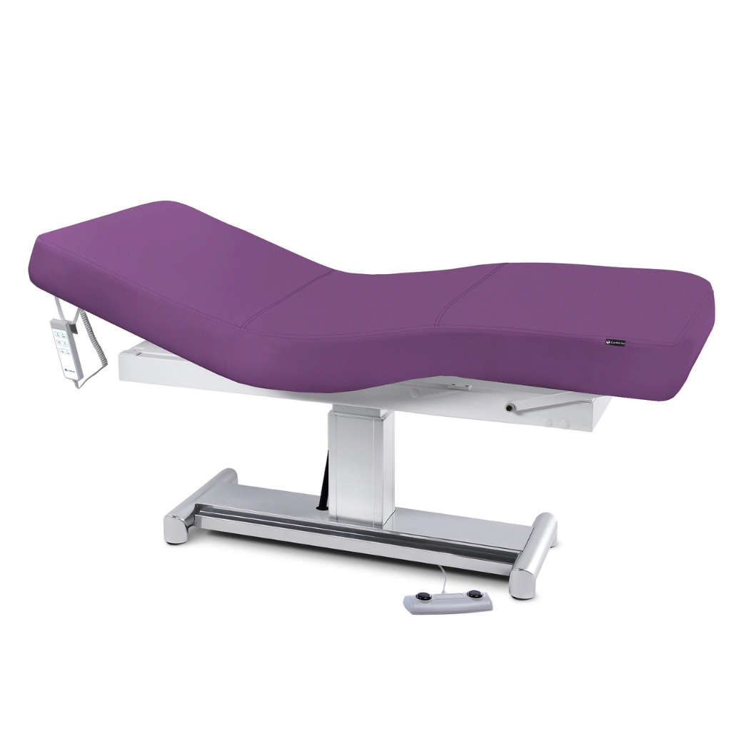 Earthlite Everest LX Salon Top Electric Lift Table with Amethyst replaceable mattress and sturdy metal base, designed for Med Spa and IV hydration practices.