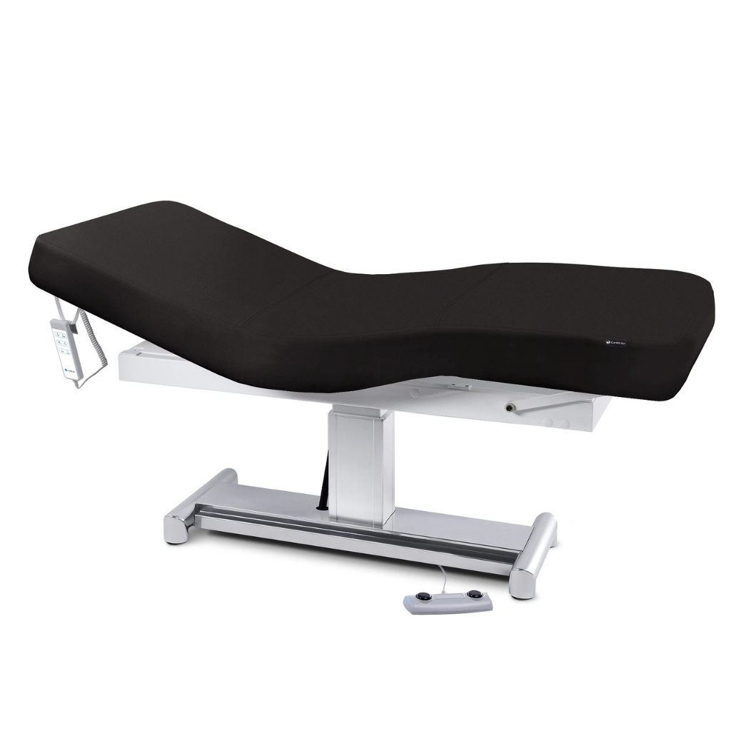 Earthlite Everest LX Salon Top Electric Lift Table with Black replaceable mattress and sturdy metal base, designed for Med Spa and IV hydration practices.