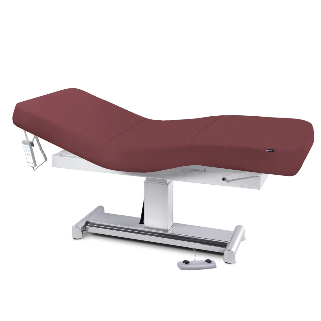 Earthlite Everest LX Salon Top Electric Lift Table with Burgundy replaceable mattress and sturdy metal base, designed for Med Spa and IV hydration practices.