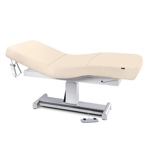 Earthlite Everest LX Salon Top Electric Lift Table with Marie's Beige replaceable mattress and sturdy metal base, designed for Med Spa and IV hydration practices.