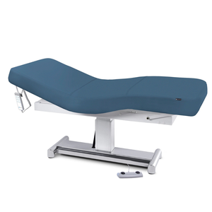 Earthlite Everest LX Salon Top Electric Lift Table with Mystic Blue replaceable mattress and sturdy metal base, designed for Med Spa and IV hydration practices.