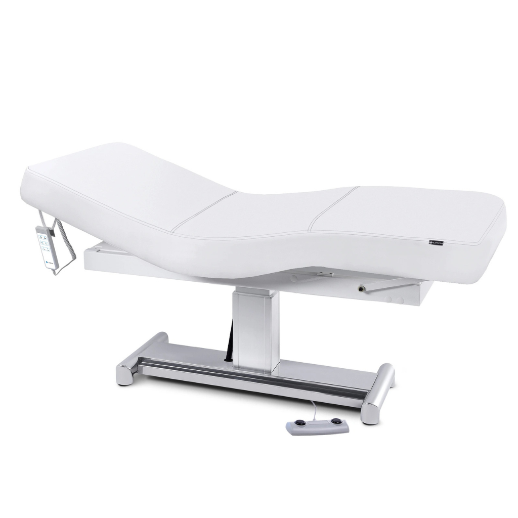 Earthlite Everest LX Salon Top Electric Lift Table with Pure White replaceable mattress and sturdy metal base, designed for Med Spa and IV hydration practices.