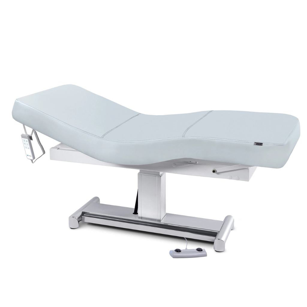 Earthlite Everest LX Salon Top Electric Lift Table with Sterling replaceable mattress and sturdy metal base, designed for Med Spa and IV hydration practices.