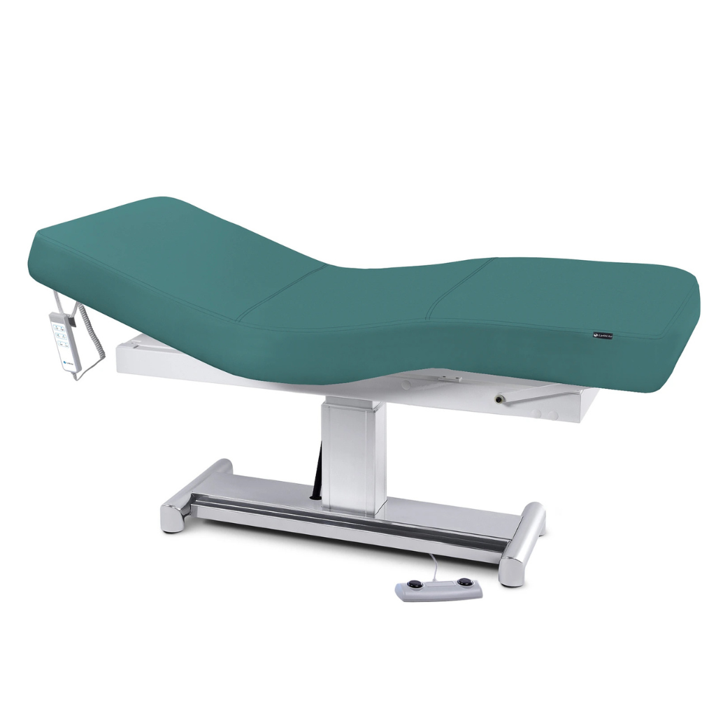 Earthlite Everest LX Salon Top Electric Lift Table with Teal replaceable mattress and sturdy metal base, designed for Med Spa and IV hydration practices.