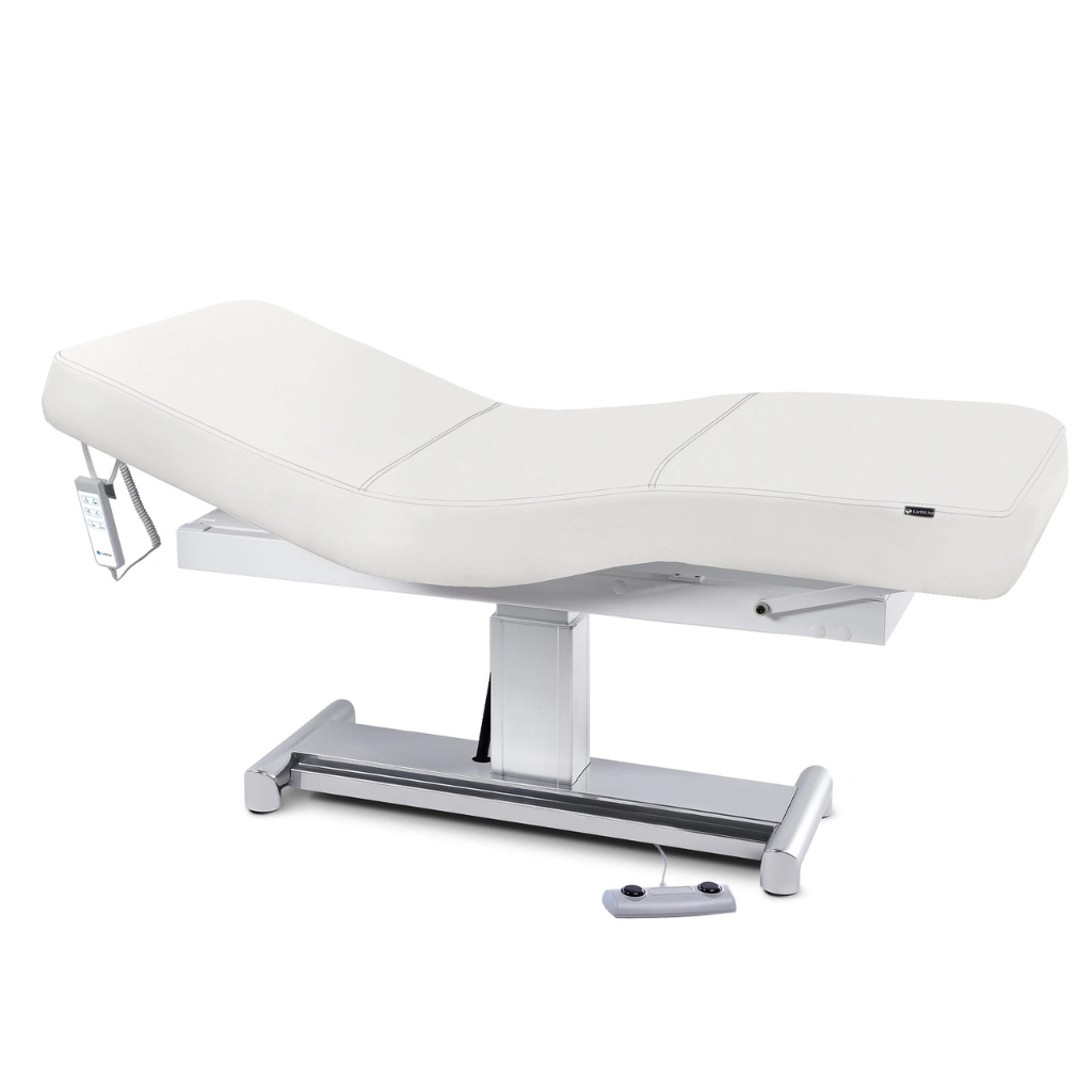 Earthlite Everest LX Salon Top Electric Lift Table with White replaceable mattress and sturdy metal base, designed for Med Spa and IV hydration practices.