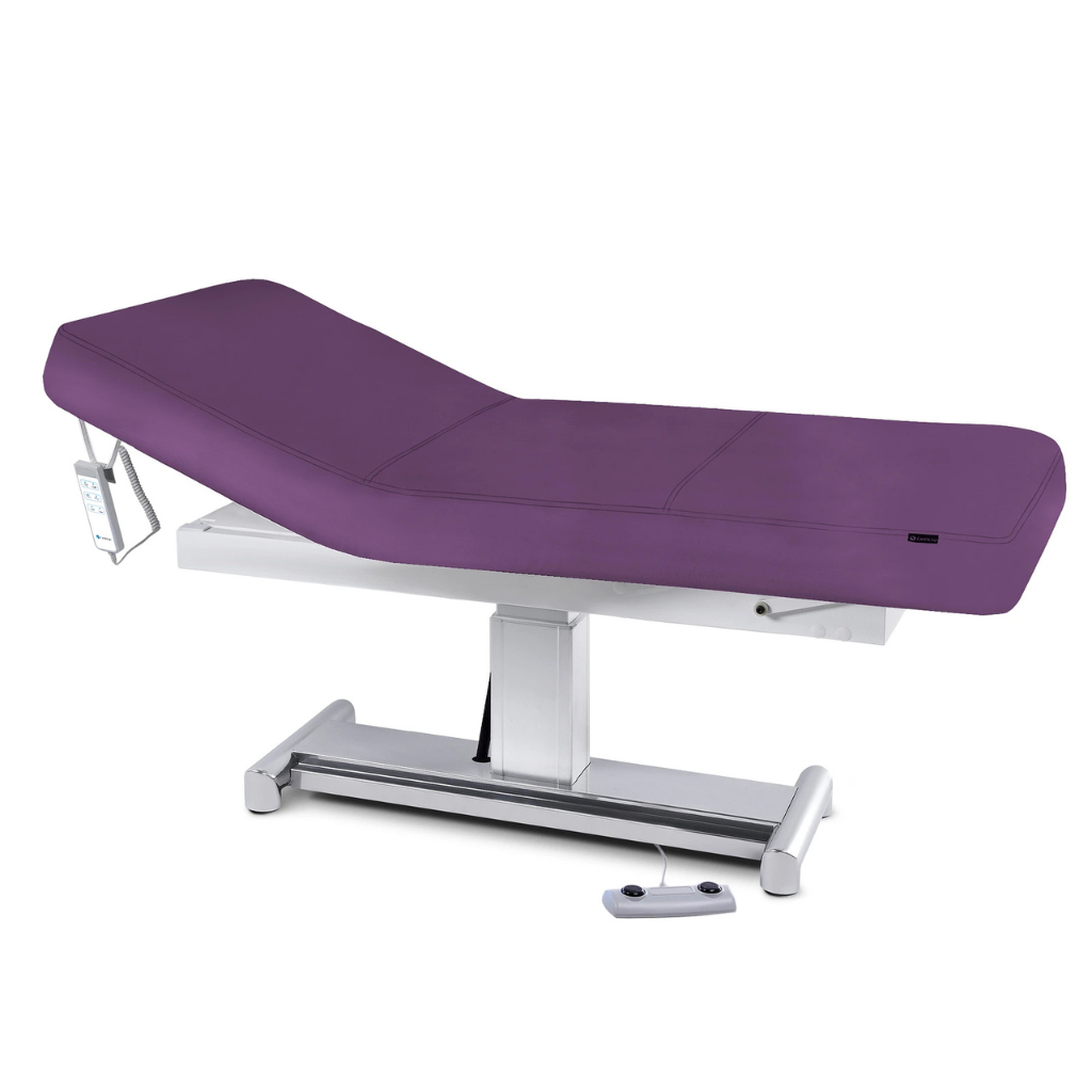 Earthlite Everest LX Tilt Top Electric Lift Table with Amethyst replaceable mattress and sturdy metal base, designed for Med Spa and IV hydration practices.