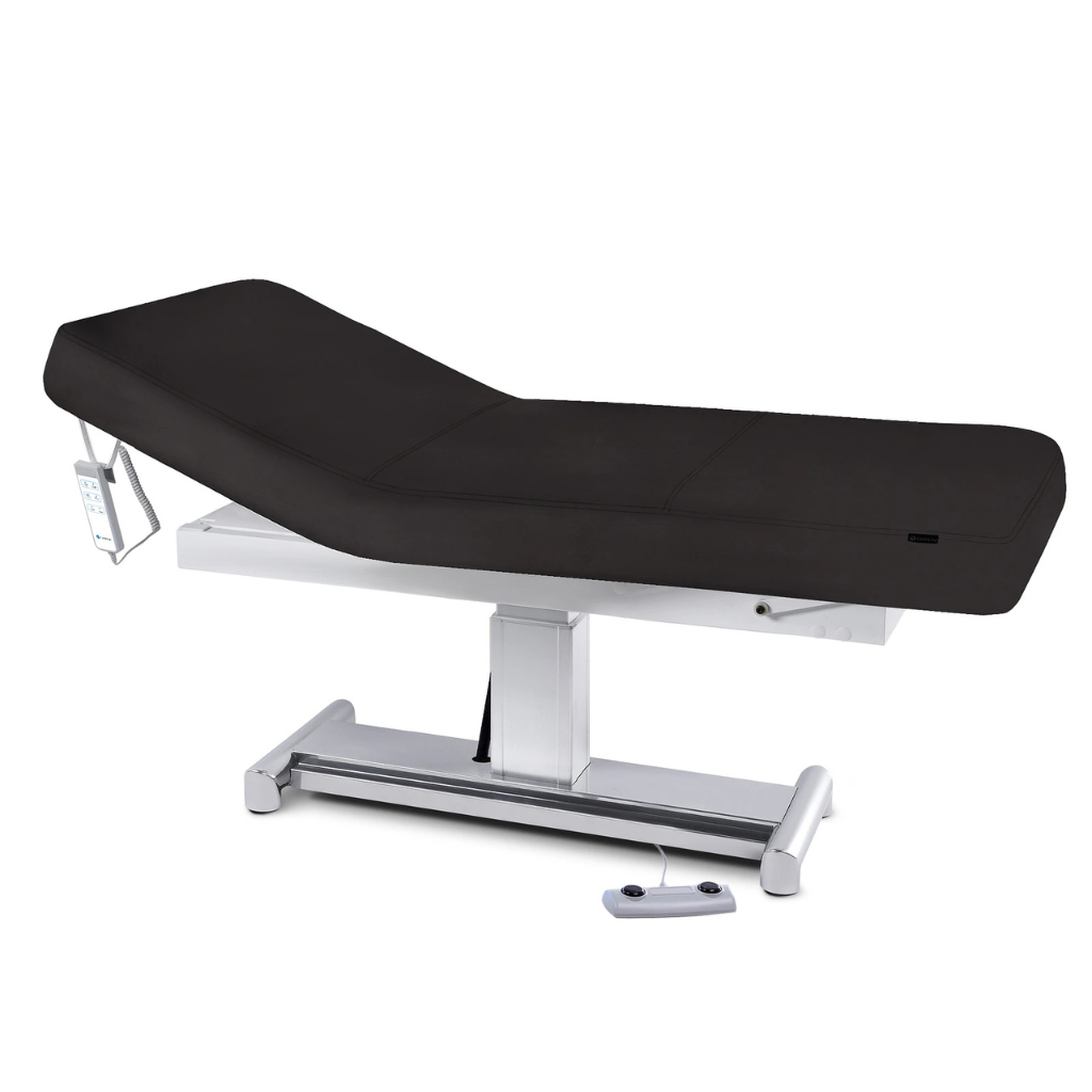 Earthlite Everest LX Tilt Top Electric Lift Table with Black replaceable mattress and sturdy metal base, designed for Med Spa and IV hydration practices.