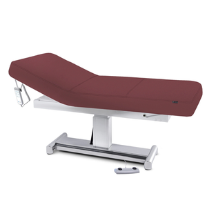 Earthlite Everest LX Tilt Top Electric Lift Table with Burgundy replaceable mattress and sturdy metal base, designed for Med Spa and IV hydration practices.