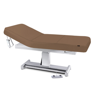 Earthlite Everest LX Tilt Top Electric Lift Table with Latte replaceable mattress and sturdy metal base, designed for Med Spa and IV hydration practices.