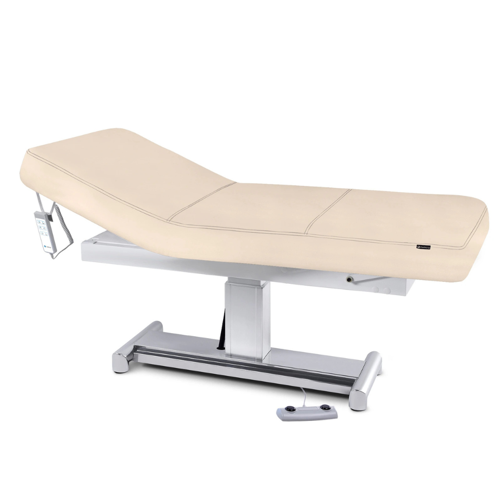 Earthlite Everest LX Tilt Top Electric Lift Table with Marie's Beige replaceable mattress and sturdy metal base, designed for Med Spa and IV hydration practices.