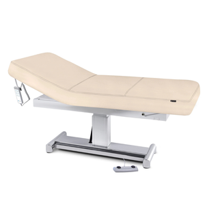 Earthlite Everest LX Tilt Top Electric Lift Table with Marie's Beige replaceable mattress and sturdy metal base, designed for Med Spa and IV hydration practices.