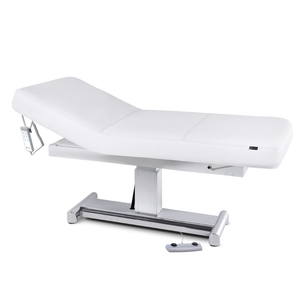 Earthlite Everest LX Tilt Top Electric Lift Table with Pure White replaceable mattress and sturdy metal base, designed for Med Spa and IV hydration practices.
