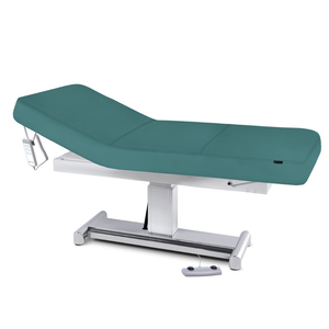 Earthlite Everest LX Tilt Top Electric Lift Table with Teal replaceable mattress and sturdy metal base, designed for Med Spa and IV hydration practices.