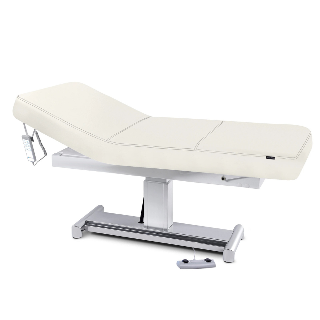 Earthlite Everest LX Tilt Top Electric Lift Table with Vanilla Creme replaceable mattress and sturdy metal base, designed for Med Spa and IV hydration practices.