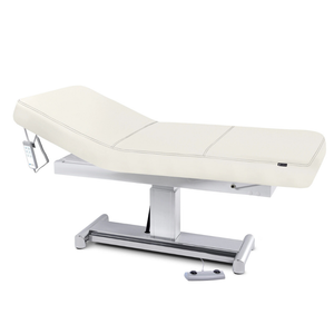 Earthlite Everest LX Tilt Top Electric Lift Table with Vanilla Creme replaceable mattress and sturdy metal base, designed for Med Spa and IV hydration practices.