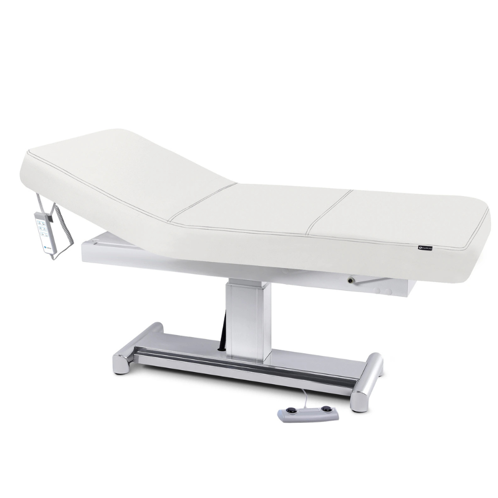 Earthlite Everest LX Tilt Top Electric Lift Table with White replaceable mattress and sturdy metal base, designed for Med Spa and IV hydration practices.