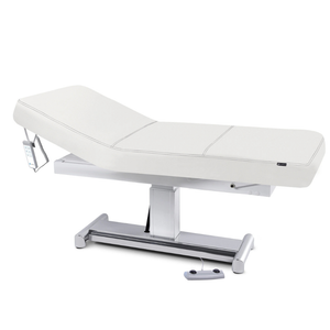 Earthlite Everest LX Tilt Top Electric Lift Table with White replaceable mattress and sturdy metal base, designed for Med Spa and IV hydration practices.