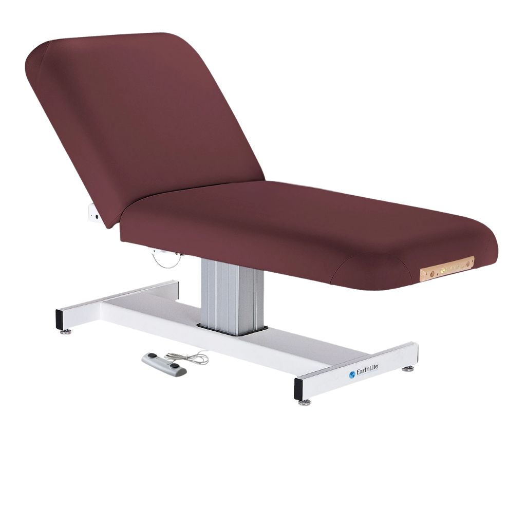 Earthlite Everest Manual Tilt Pedestal Electric Lift Table Burgundy with cushioned top and single-column base, showing adjustable manual tilt and electric height lift, designed for professional Med Spa and wellness practices.