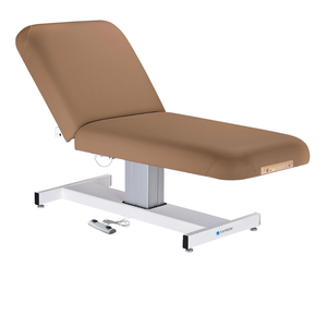 Earthlite Everest Manual Tilt Pedestal Electric Lift Table Latte with cushioned top and single-column base, showing adjustable manual tilt and electric height lift, designed for professional Med Spa and wellness practices.