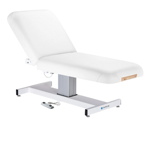 Earthlite Everest Manual Tilt Pedestal Electric Lift Table Pure White with cushioned top and single-column base, showing adjustable manual tilt and electric height lift, designed for professional Med Spa and wellness practices.