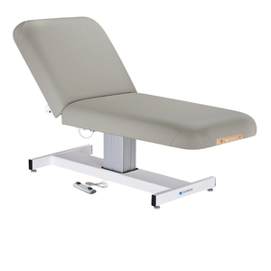 Earthlite Everest Manual Tilt Pedestal Electric Lift Table Sterling with cushioned top and single-column base, showing adjustable manual tilt and electric height lift, designed for professional Med Spa and wellness practices.