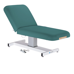 Earthlite Everest Manual Tilt Pedestal Electric Lift Table Teal with cushioned top and single-column base, showing adjustable manual tilt and electric height lift, designed for professional Med Spa and wellness practices.