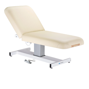 Earthlite Everest Manual Tilt Pedestal Electric Lift Table Vanilla Creme with cushioned top and single-column base, showing adjustable manual tilt and electric height lift, designed for professional Med Spa and wellness practices.
