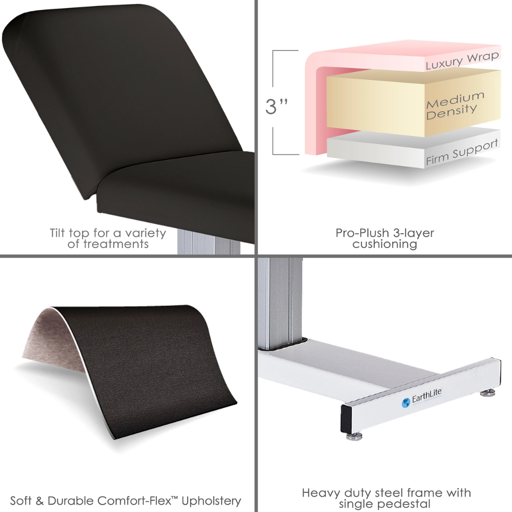 Earthlite Everest Pneumatic Tilt Pedestal Electric Lift Table illustrating features such as the Tilt top for a variety of treatments, Pro-lush 3-layer cushioning, Soft and Durable Comfort-Flex upholstery and the Heavy duty steel frame with a single pedestal.