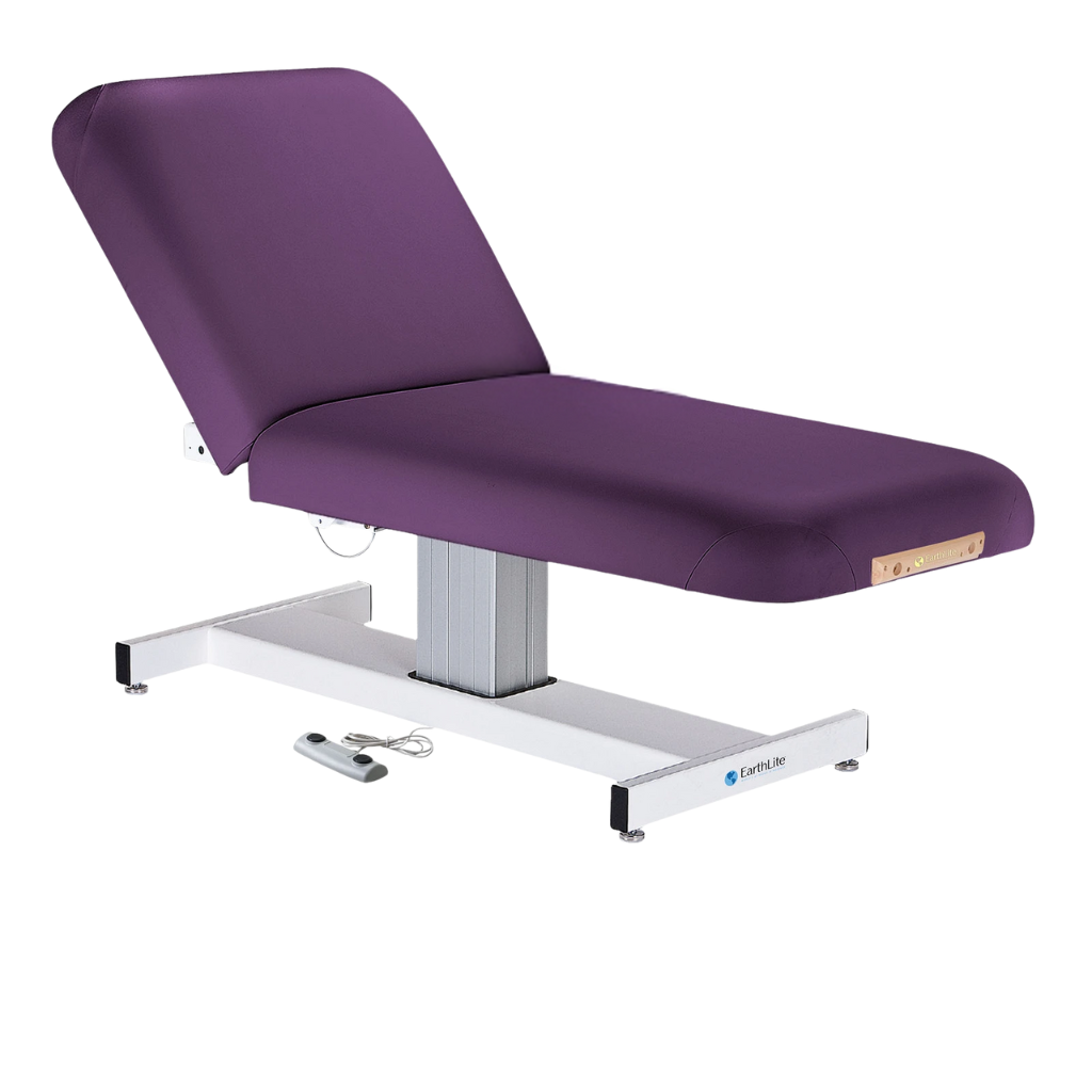 Earthlite Everest Pneumatic Tilt Pedestal Electric Lift Table Amethyst with cushioned top, pneumatic tilt adjustment, and single-column electric base, designed for professional Med Spa and wellness practices.