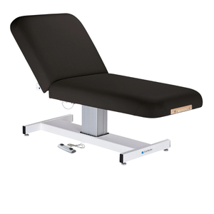 Earthlite Everest Pneumatic Tilt Pedestal Electric Lift Table Black with cushioned top, pneumatic tilt adjustment, and single-column electric base, designed for professional Med Spa and wellness practices.