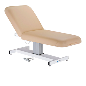 Earthlite Everest Pneumatic Tilt Pedestal Electric Lift Table Marie's Beige with cushioned top, pneumatic tilt adjustment, and single-column electric base, designed for professional Med Spa and wellness practices.
