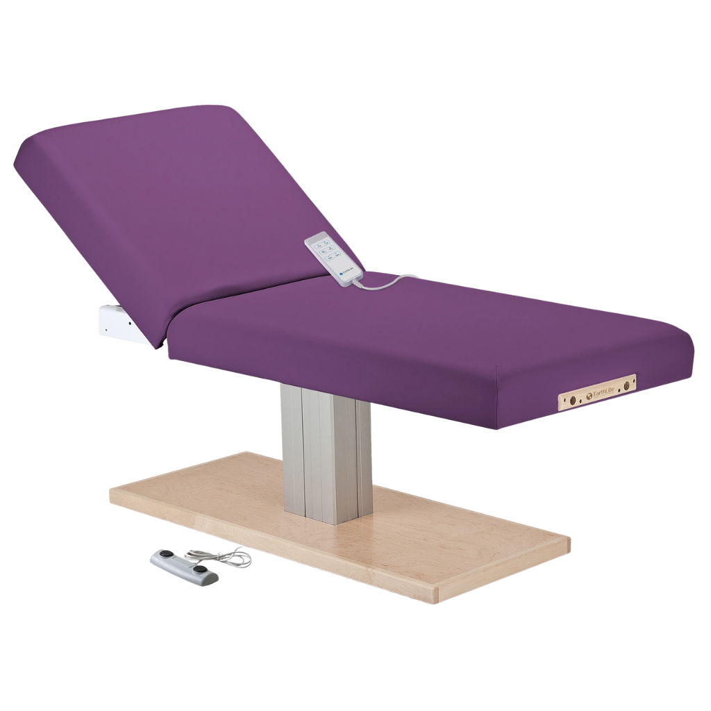 Earthlite Everest Spa Pedestal Electric Tilt Table Amethyst with cushioned top and single-column electric base, showing adjustable tilt feature for professional Med Spa and wellness treatments.
