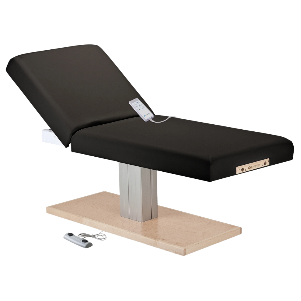 Earthlite Everest Spa Pedestal Electric Tilt Table Black with cushioned top and single-column electric base, showing adjustable tilt feature for professional Med Spa and wellness treatments.