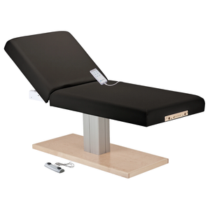 Earthlite Everest Spa Pedestal Electric Tilt Table Black with cushioned top and single-column electric base, showing adjustable tilt feature for professional Med Spa and wellness treatments.