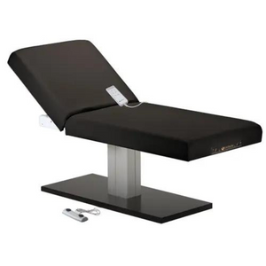 Earthlite Everest Spa Pedestal Electric Tilt Table Black with cushioned top and single-column electric base, showing adjustable tilt feature for professional Med Spa and wellness treatments.