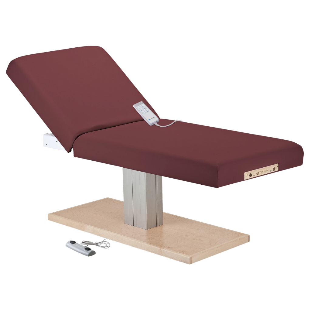 Earthlite Everest Spa Pedestal Electric Tilt Table Burgundy with cushioned top and single-column electric base, showing adjustable tilt feature for professional Med Spa and wellness treatments.