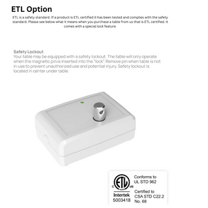 Earthlite Everest Spa Pedestal Electric Tilt Table optional safety feature. This product is ETL certified and has been tested to comply with the safety standard.