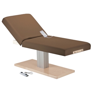 Earthlite Everest Spa Pedestal Electric Tilt Table Latte with cushioned top and single-column electric base, showing adjustable tilt feature for professional Med Spa and wellness treatments.