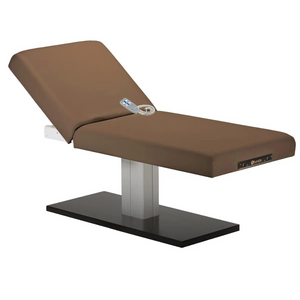 Earthlite Everest Spa Pedestal Electric Tilt Table Latte with cushioned top and single-column electric base, showing adjustable tilt feature for professional Med Spa and wellness treatments.