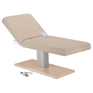 Earthlite Everest Spa Pedestal Electric Tilt Table Marie's Beige with cushioned top and single-column electric base, showing adjustable tilt feature for professional Med Spa and wellness treatments.