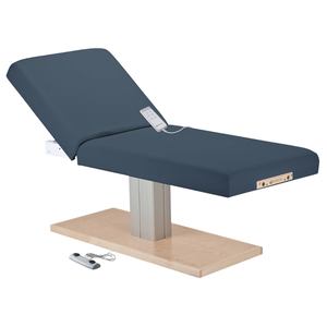 Earthlite Everest Spa Pedestal Electric Tilt Table Mystic Blue with cushioned top and single-column electric base, showing adjustable tilt feature for professional Med Spa and wellness treatments.
