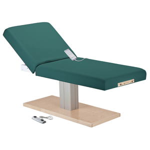 Earthlite Everest Spa Pedestal Electric Tilt Table Teal with cushioned top and single-column electric base, showing adjustable tilt feature for professional Med Spa and wellness treatments.