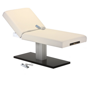 Earthlite Everest Spa Pedestal Electric Tilt Table Vanilla Cream with cushioned top and single-column electric base, showing adjustable tilt feature for professional Med Spa and wellness treatments.
